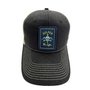 Golfer for Life Mr Tee Rectangle Flexfit Melange Mesh Back Trucker Cap. Black